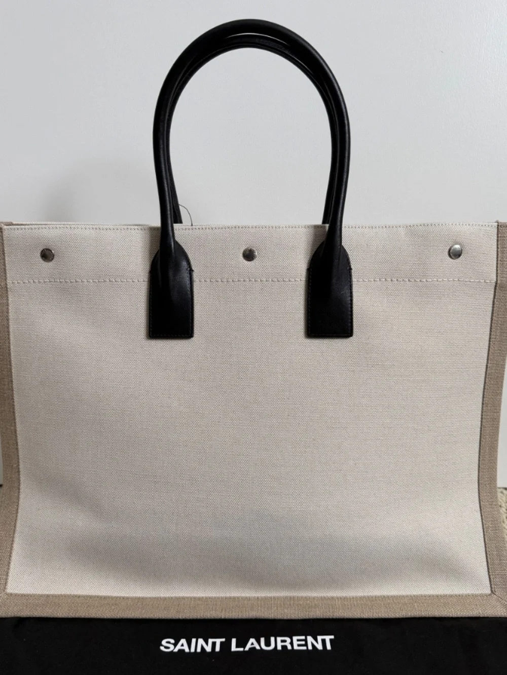 Saint Laurent YSL Rive Gauche White Black Canvas Logo Leather Tote Bag